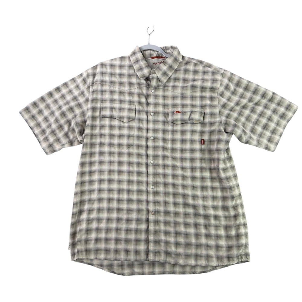 Simms Fishing Shirt Mens XL Gray Plaid COR3 Vented Short Sleeve Snap Front